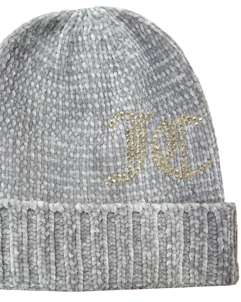 Front of a model wearing a size one-size-fits-all Chenille Jc Stud Beanie Hat In Gray in Gray by Juicy Couture. | dia_product_style_image_id:350182